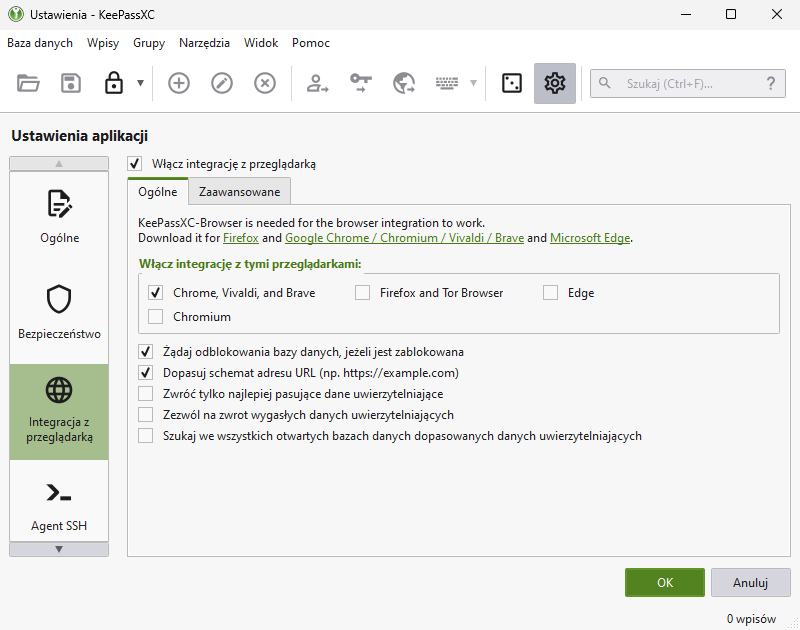 Integracja z przeglądarką w KeePassXC.