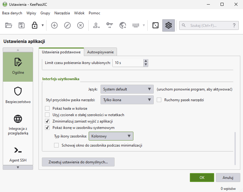 Ustawienia KeePassXC.