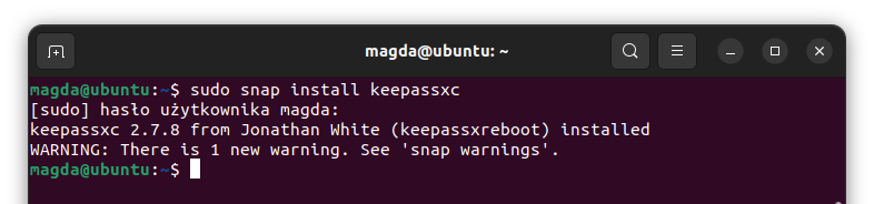 Instalacja KeePassXC z użyciem snap.