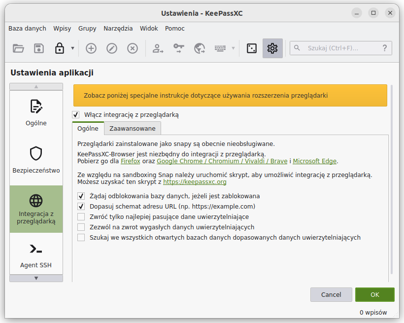 Informacja dotycząca sandboxing snap w KeePassXC.