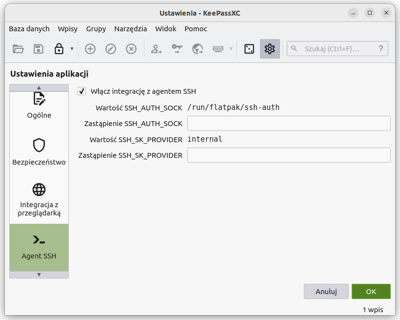 Ustawienia agenta SSH w KeePassXC.