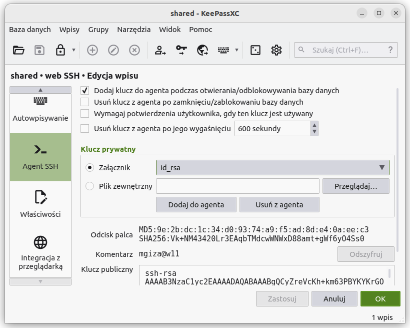 Ustawienia agenta SSH w KeePassXC.