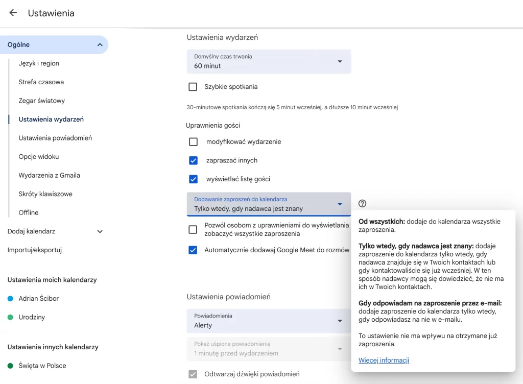 powiadomienia google callendar uprawnienia