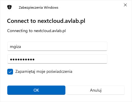 Podawanie poświadczeń do WebDAV w Windows.