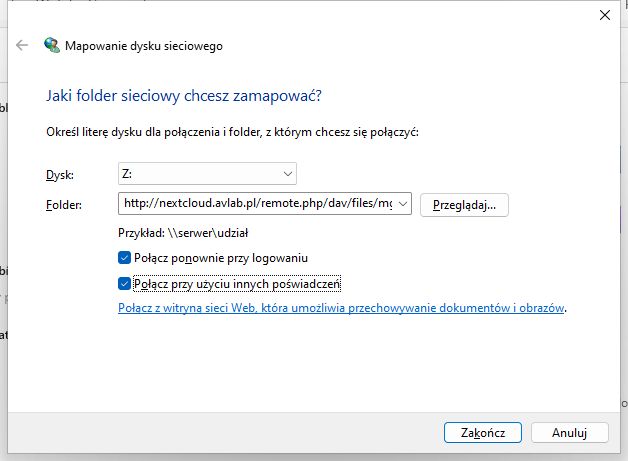 Montowanie udziału WebDAV w Windows.