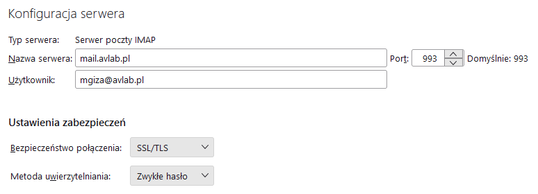 Konfiguracja szyfrowanego połączenia IMAP w Thunderbird.